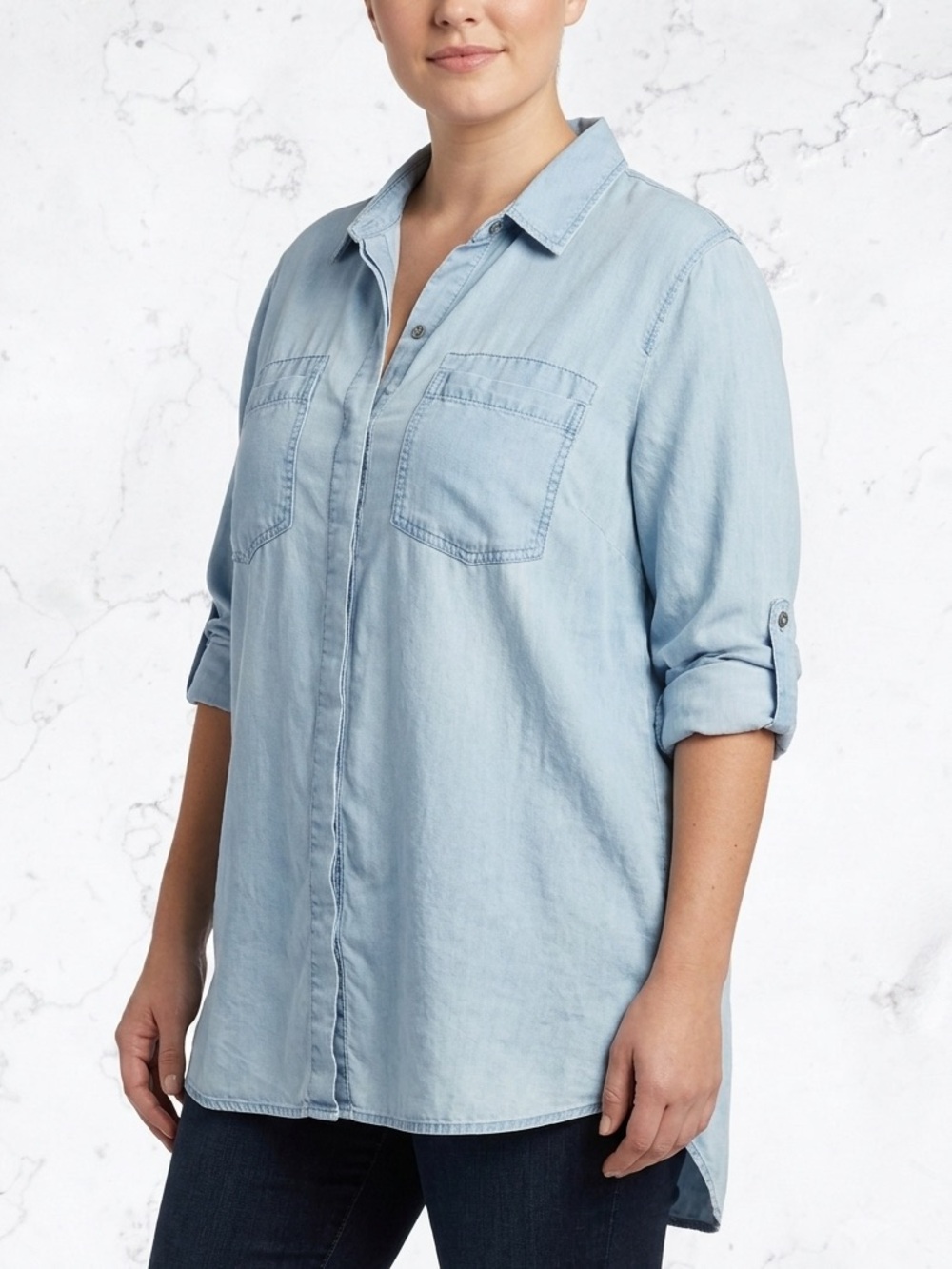 TERRE BLEUE Lyocell Button Down Shirt Coastal Grandma Roll Tab Split Back M